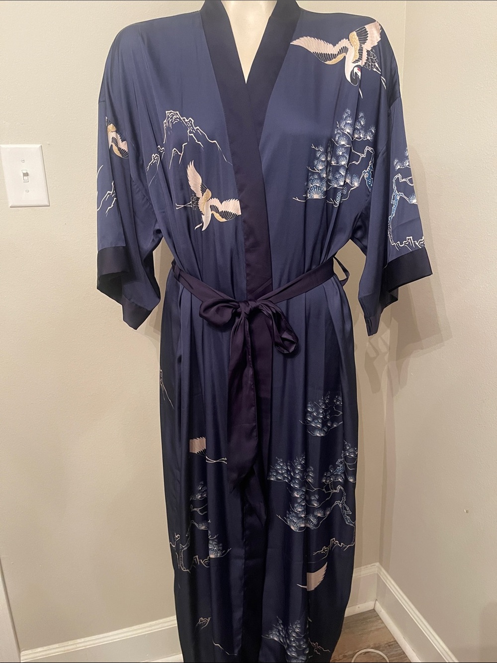 Navy Crane Print Satin Kimono Robe